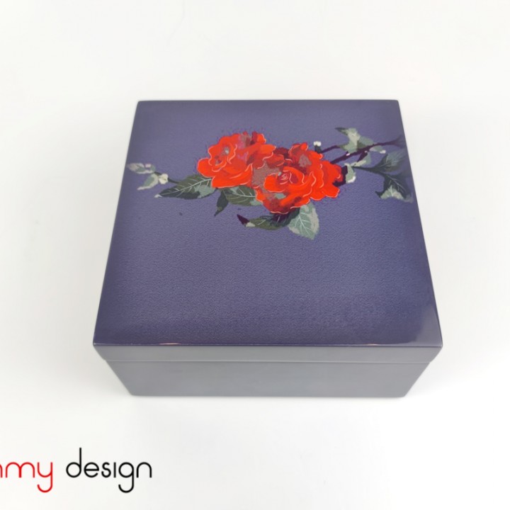 Blue square lacquer box with rose pattern 16 cm 